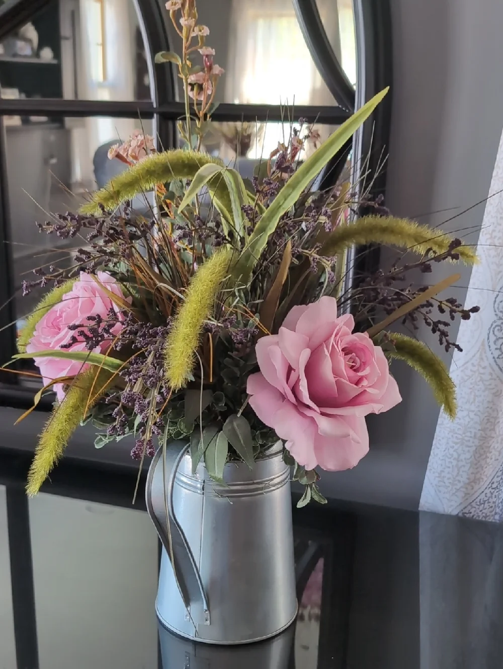 Pink Rose Faux Floral Arrangement in Silver Watering Can